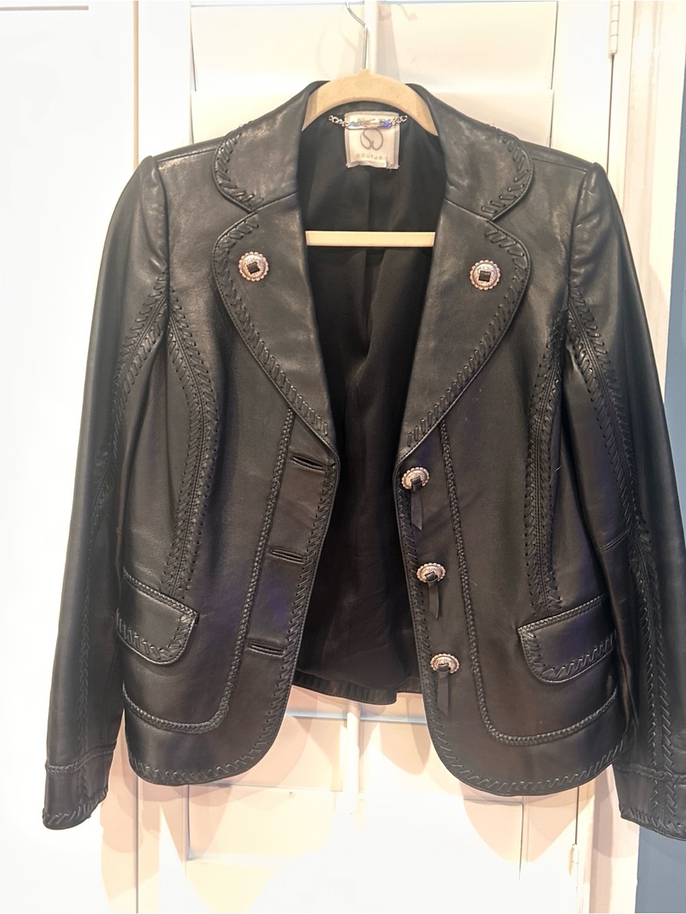 St. John couture Black Leather Braided-Trim Blazer Jacket - Picture 2 of 6